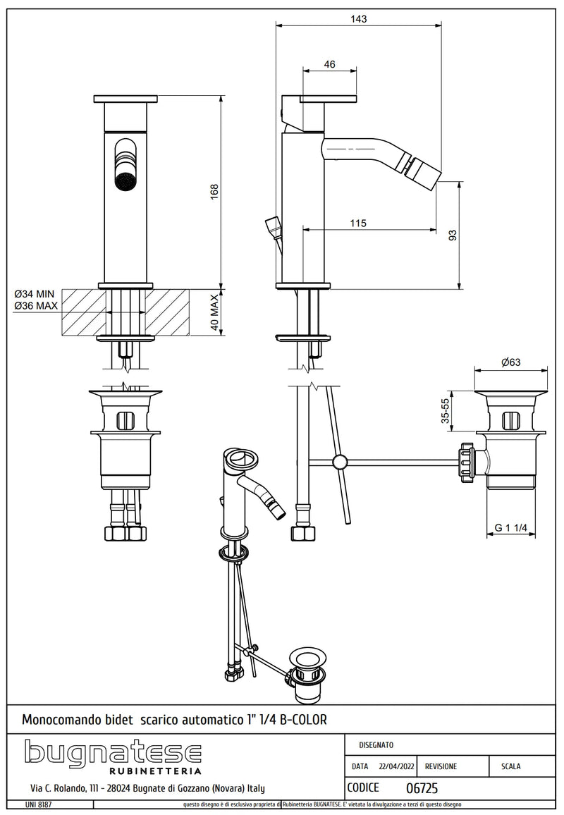 Technical Drawing for Bugnatese, B-Color, Modern, Bidet csaptelep leeresztővel – Fürdő – 6725