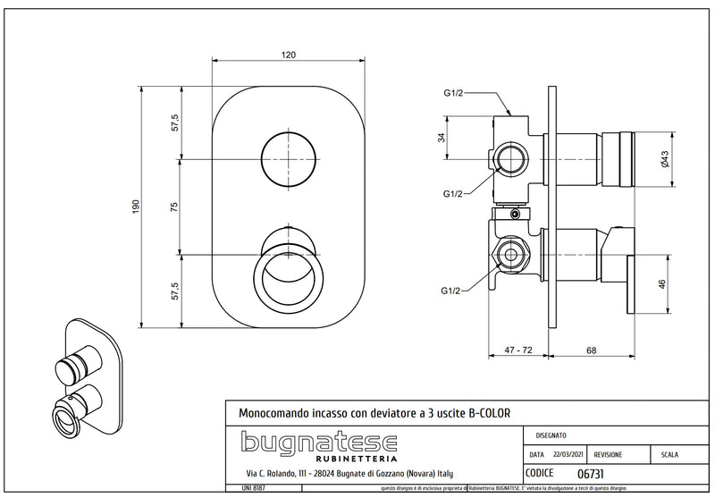 Technical Drawing for Bugnatese, B-Color, Modern, Fal alatti 3 állású zuhanycsaptelep – Fürdő – 6731