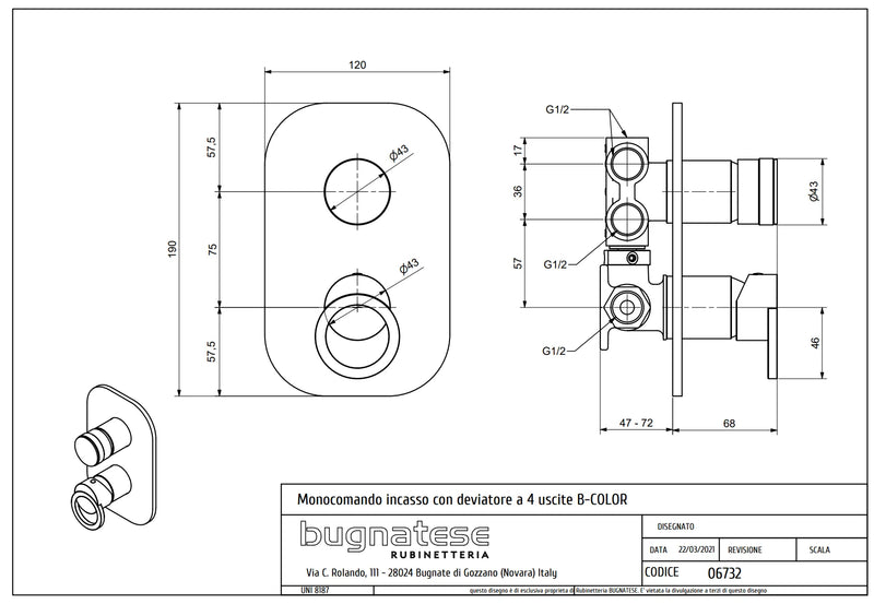 Technical Drawing for Bugnatese, B-Color, Modern, Fal alatti 4 állású zuhanycsaptelep – Fürdő – 6732