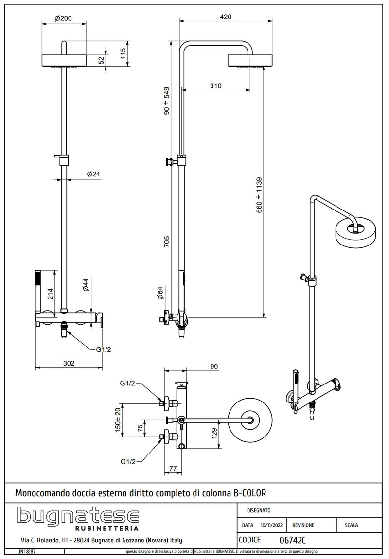 Technical Drawing for Bugnatese, B-Color, Modern, Esőztető rendszer fej- és kézizuhannyal – Fürdő – 6742C