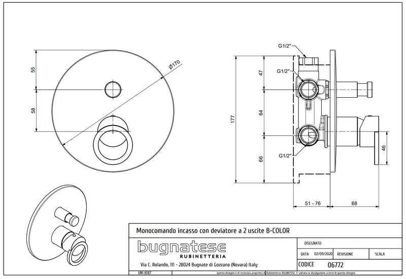 Technical Drawing for Bugnatese, B-Color, Modern, Fal alatti váltós zuhanycsaptelep – Fürdő – 6772