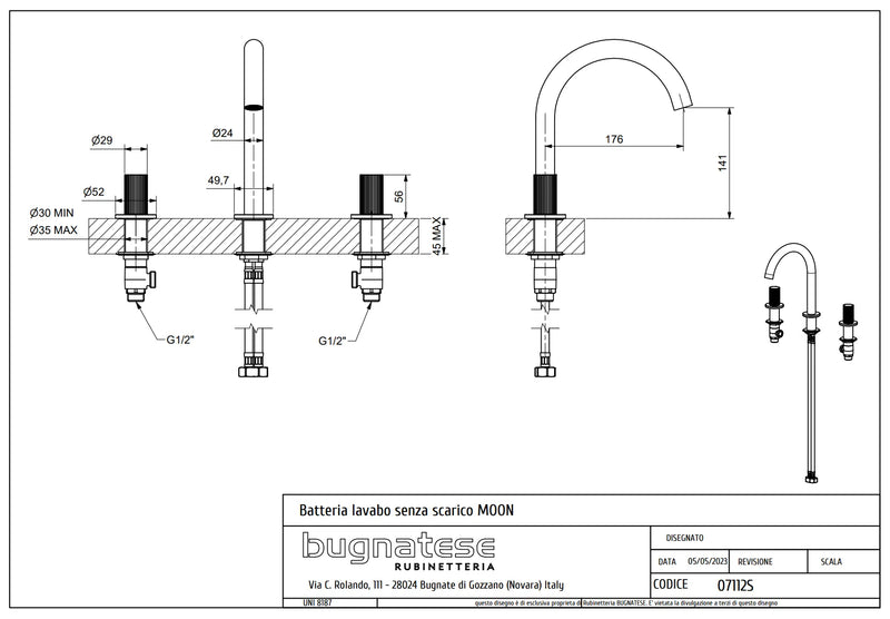 Technical Drawing for Bugnatese,Moon , 3 üléses mosdócsaptelep klikk-klakk leeresztővel – Fürdő – 7112SC