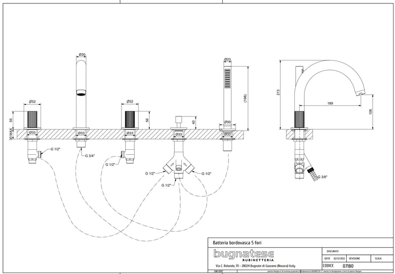 Technical Drawing for Bugnatese,Moon , Peremre szerelt 5 üléses kádcsaptelep – Fürdő – 7180