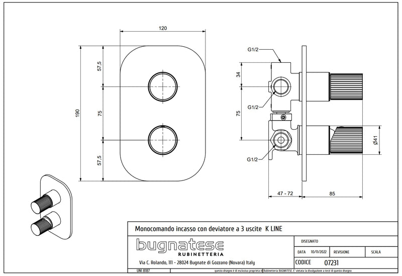 Technical Drawing for Bugnatese,Moon , Fal alatti 3 állású zuhanycsaptelep – Fürdő – 7231
