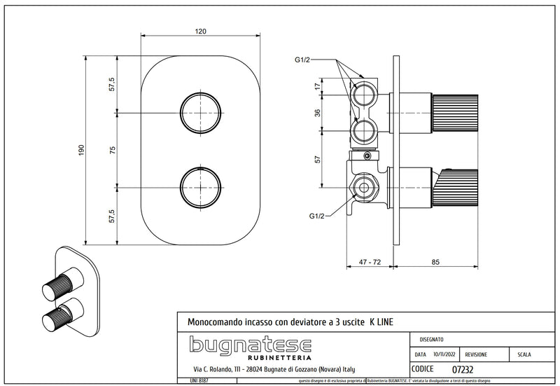 Technical Drawing for Bugnatese,Moon , Fal alatti 4 állású zuhanycsaptelep – Fürdő – 7232