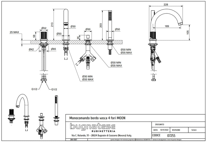 Technical Drawing for Bugnatese,Moon , Peremre szerelt 4 üléses kádcsaptelep – Fürdő – 7255