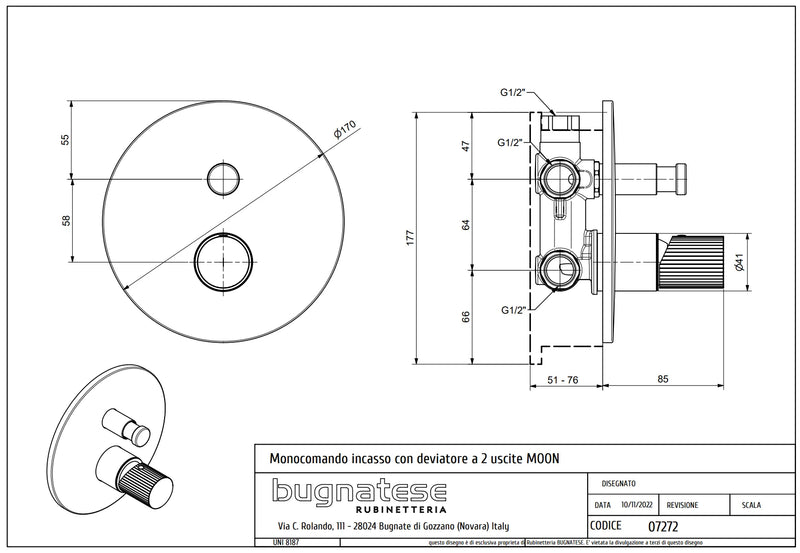 Technical Drawing for Bugnatese,Moon , Fal alatti váltós zuhanycsaptelep – Fürdő – 7272