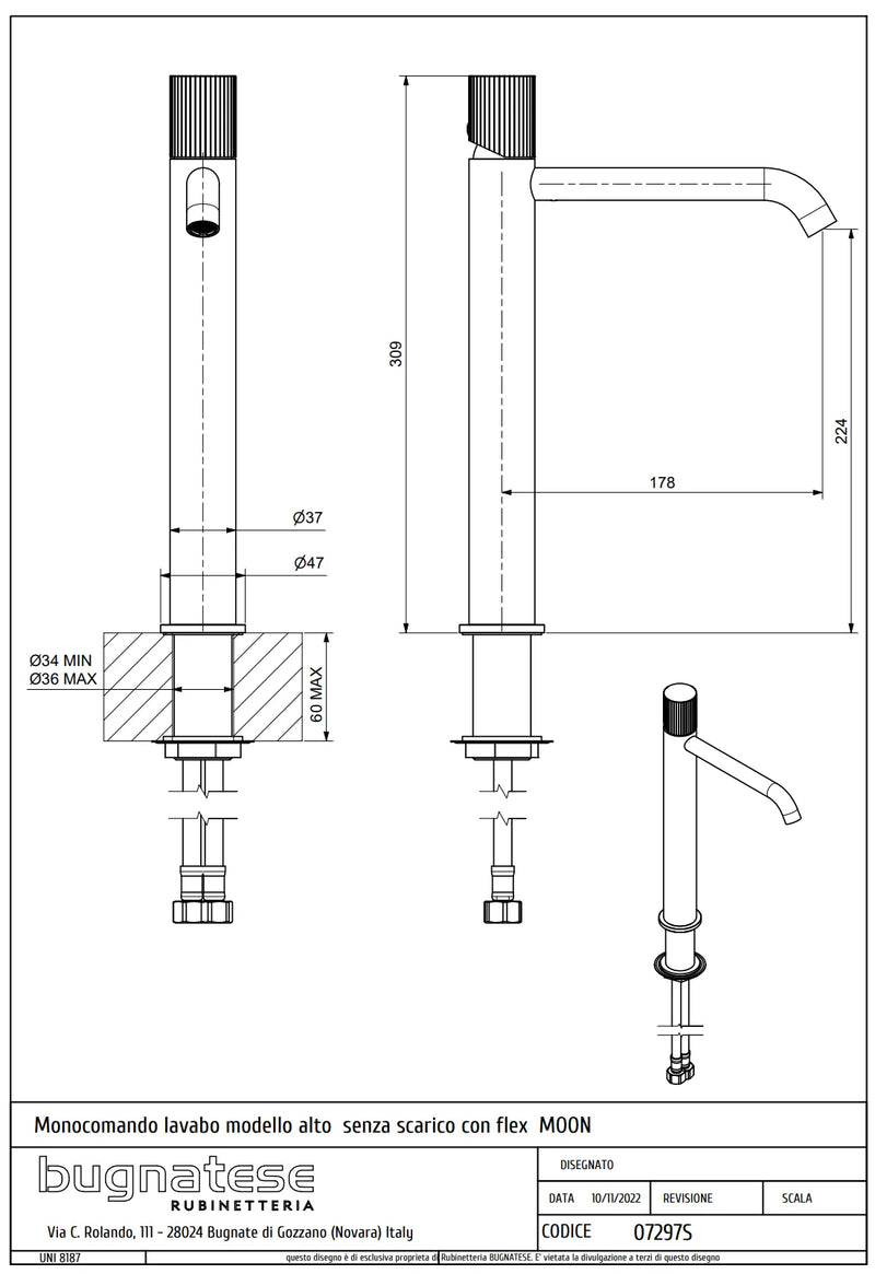 Technical Drawing for Bugnatese,Moon , Magas mosdócsaptelep leeresztő nélkül – Fürdő – 7297S