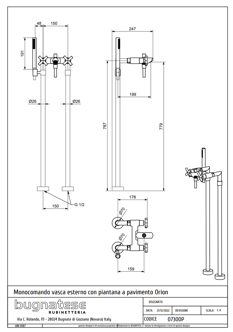 Technical Drawing for Bugnatese, Modern, Szabadonálló kádcsaptelep – Fürdő – 7300P