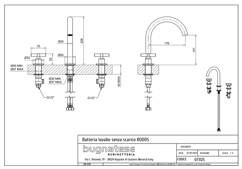 Technical Drawing for Bugnatese, Rodos, Álló 3 üléses mosdócsaptelep Klikk-klakk leeresztővel– Fürdő – 7312SC