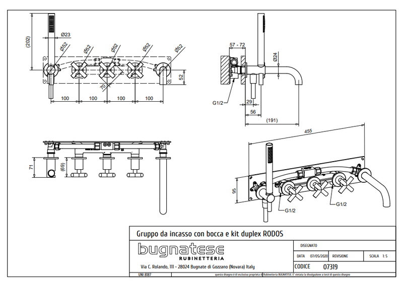 Technical Drawing for Bugnatese, Fal alatti kádcsaptelep kézizuhannyal, kádtöltővel – Fürdő – 7319