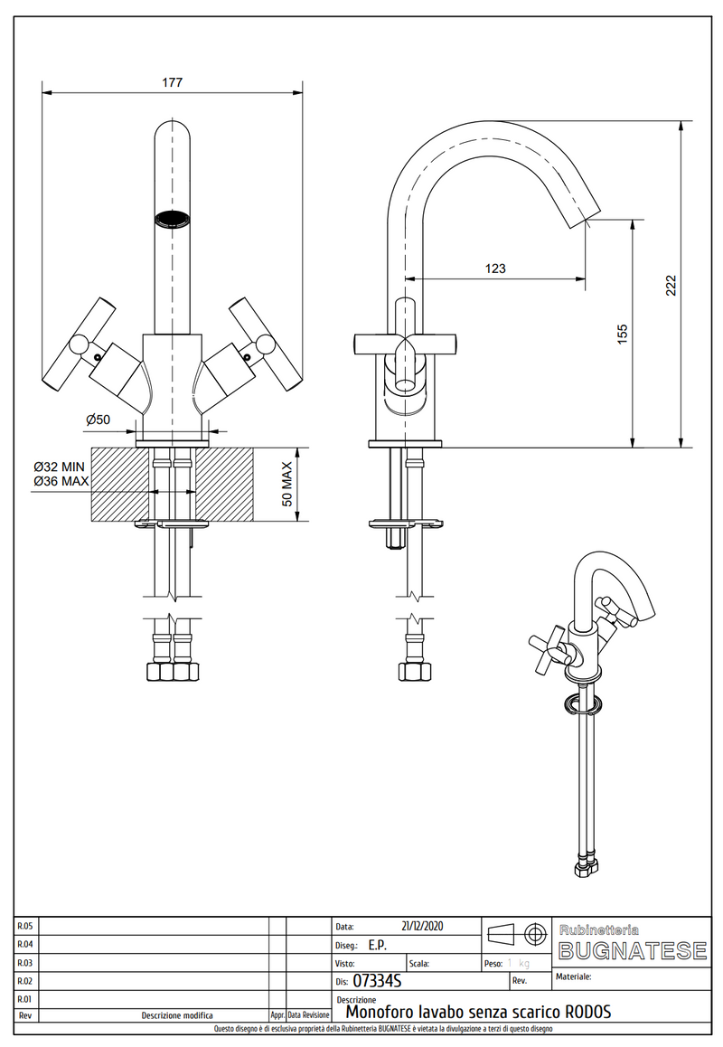 Technical Drawing for Bugnatese, Rodos, Mosdócsaptelep klikk-klakk leeresztővel – Fürdő – 7334SC