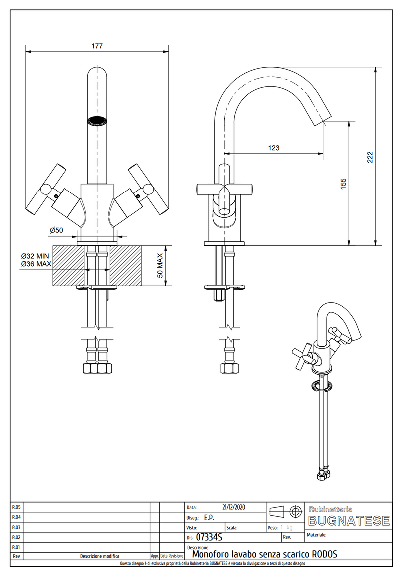 Technical Drawing for Bugnatese, Rodos, Mosdócsaptelep leeresztő nélkül – Fürdő – 7334S