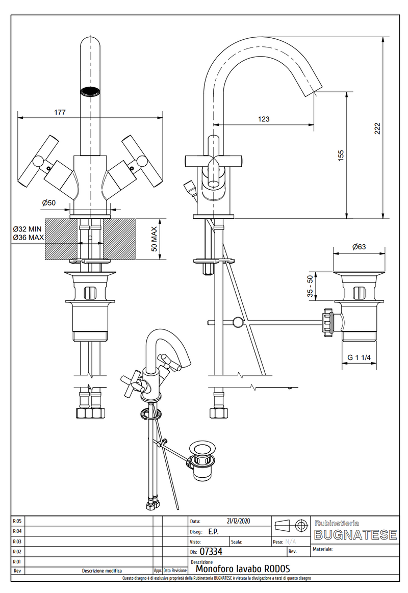 Technical Drawing for Bugnatese, Rodos, Mosdócsaptelep leeresztővel– Fürdő – 7334