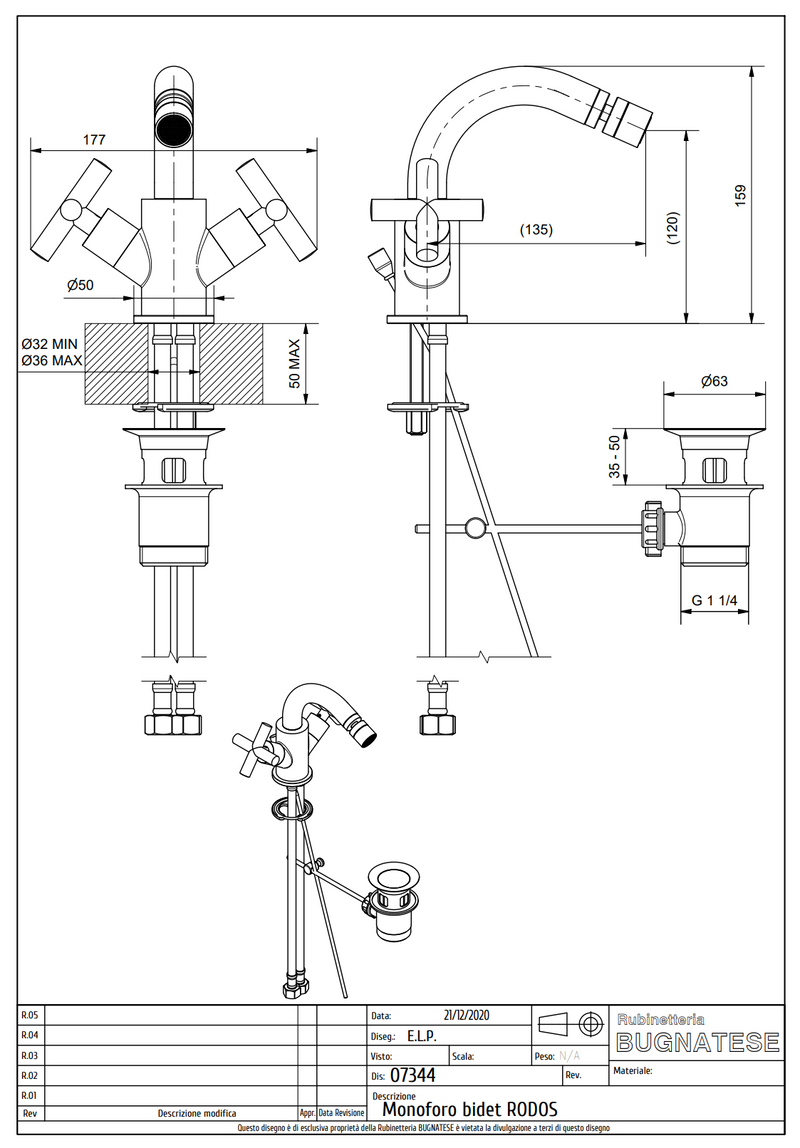 Technical Drawing for Bugnatese, Rodos, Bidet csaptelep leeresztővel– Fürdő – 7344