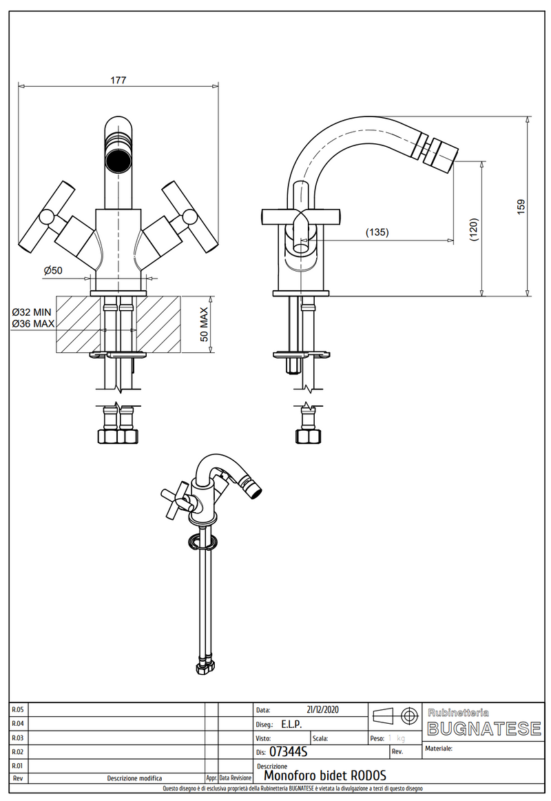 Technical Drawing for Bugnatese, Rodos, Bidet csaptelep leeresztő nélkül – Fürdő – 7344S