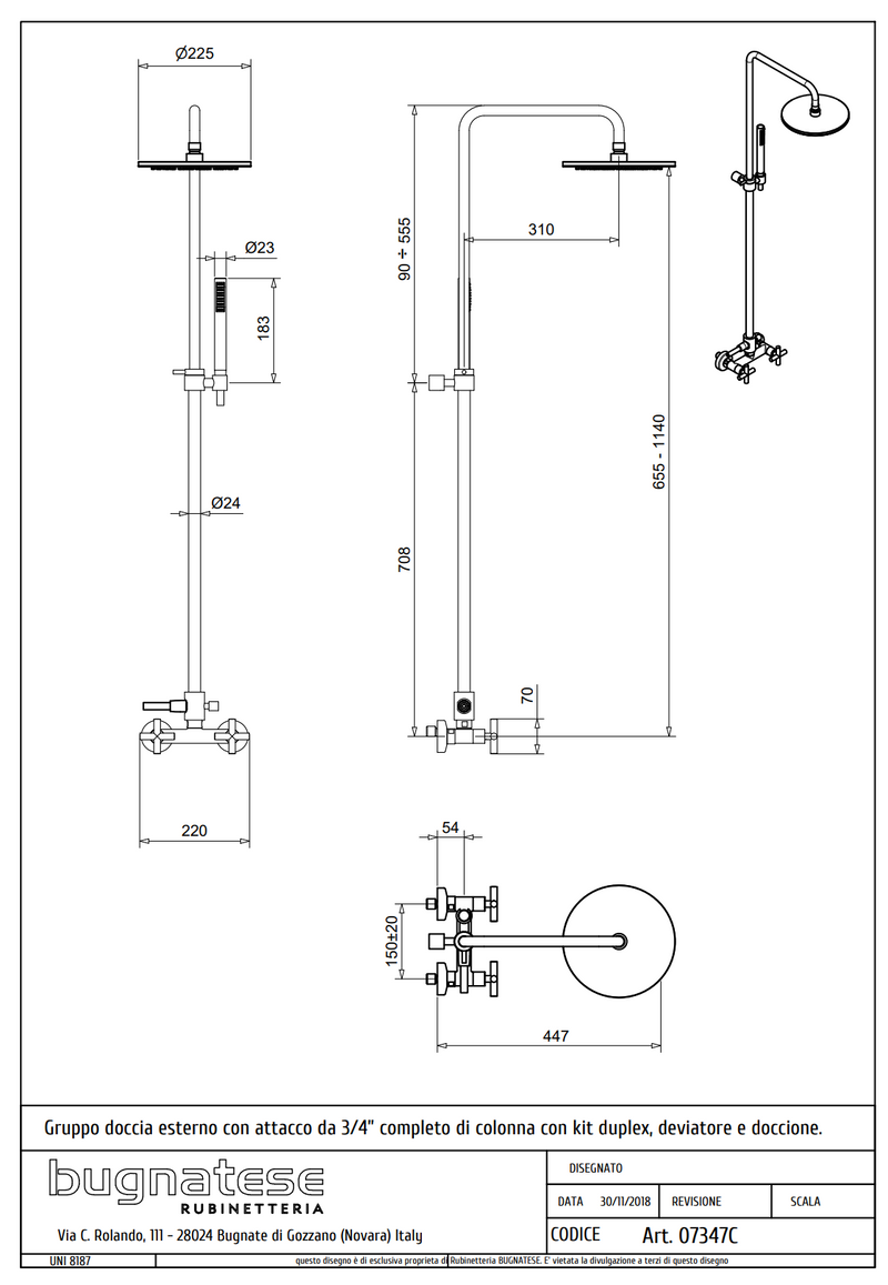 Technical Drawing for Bugnatese, Rodos,Esőztető rendszer fej- és kézi zuhannyal – Fürdő – 7347C
