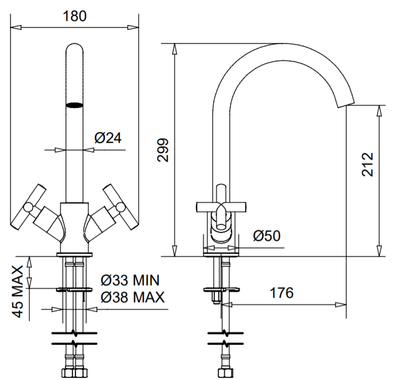 Technical Drawing for Bugnatese Rodos, Modern, Álló konyhai csaptelep leeresztővel – Konyha – 7351