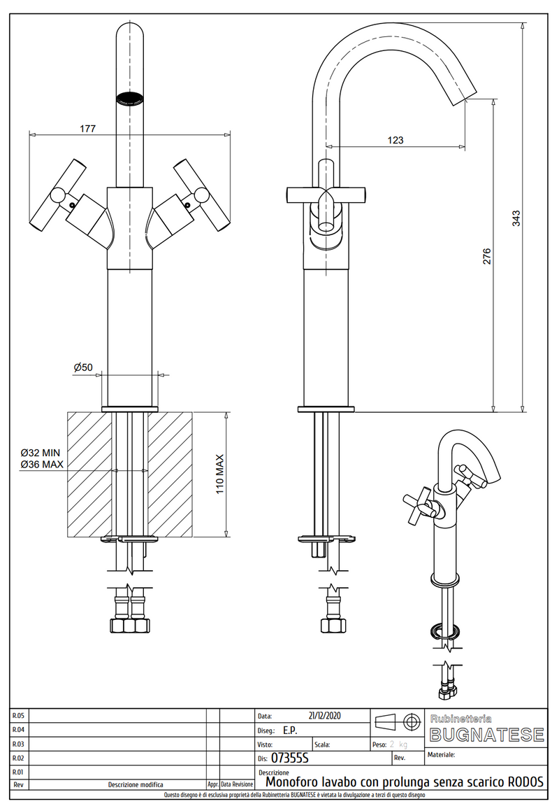 Technical Drawing for Bugnatese, Rodos,Magasított mosdócsaptelep klikk-klakk leeresztővel– Fürdő – 7355SC