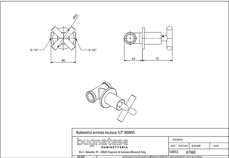 Technical Drawing for Bugnatese, Rodos, Csempeszelep 1/2″ csatlakozással – Fürdő – 7360