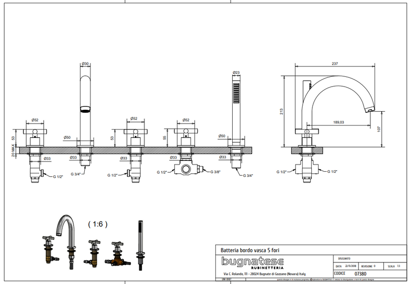 Technical Drawing for Bugnatese, Rodos Peremre szerelt 5 üléses kádcsaptelep -  Fürdő – 7380