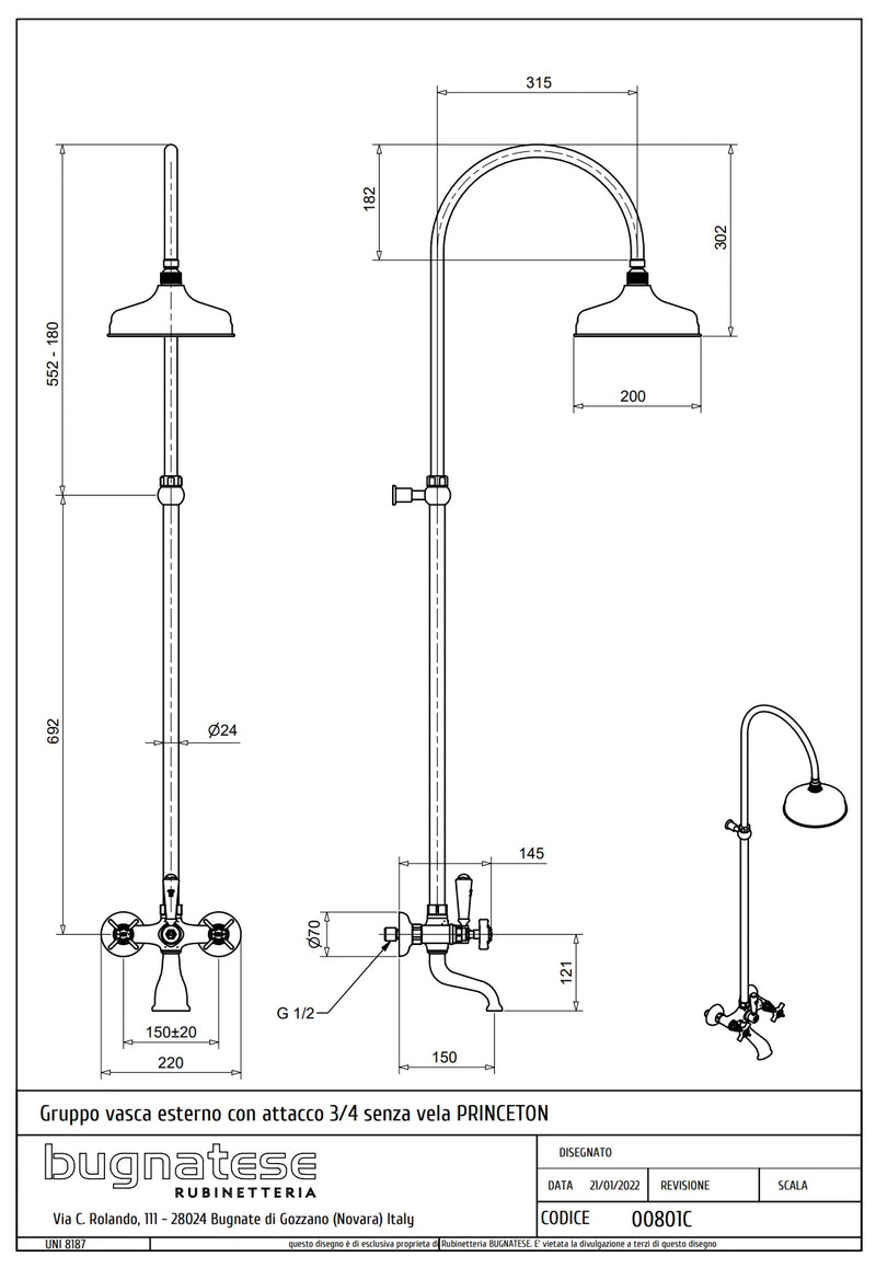 Technical Drawing for Bugnatese, Princeton, Esőztető rendszer fejzuhannyal és kádtöltővel– Fürdő – 801C