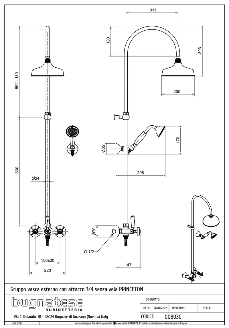 Technical Drawing for Bugnatese, Princeton, Esőztető rendszer fej- és kézizuhannyal– Fürdő – 803C