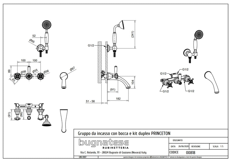 Technical Drawing for Bugnatese, Princeton, Fal alatti váltós csaptelep kifolyóval és zuhanyszettel – Fürdő – 818