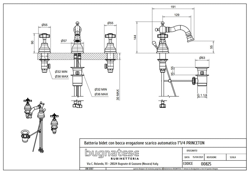 Technical Drawing for Bugnatese, Princeton, Álló 3 üléses bidet csaptelep–  Fürdő – 825