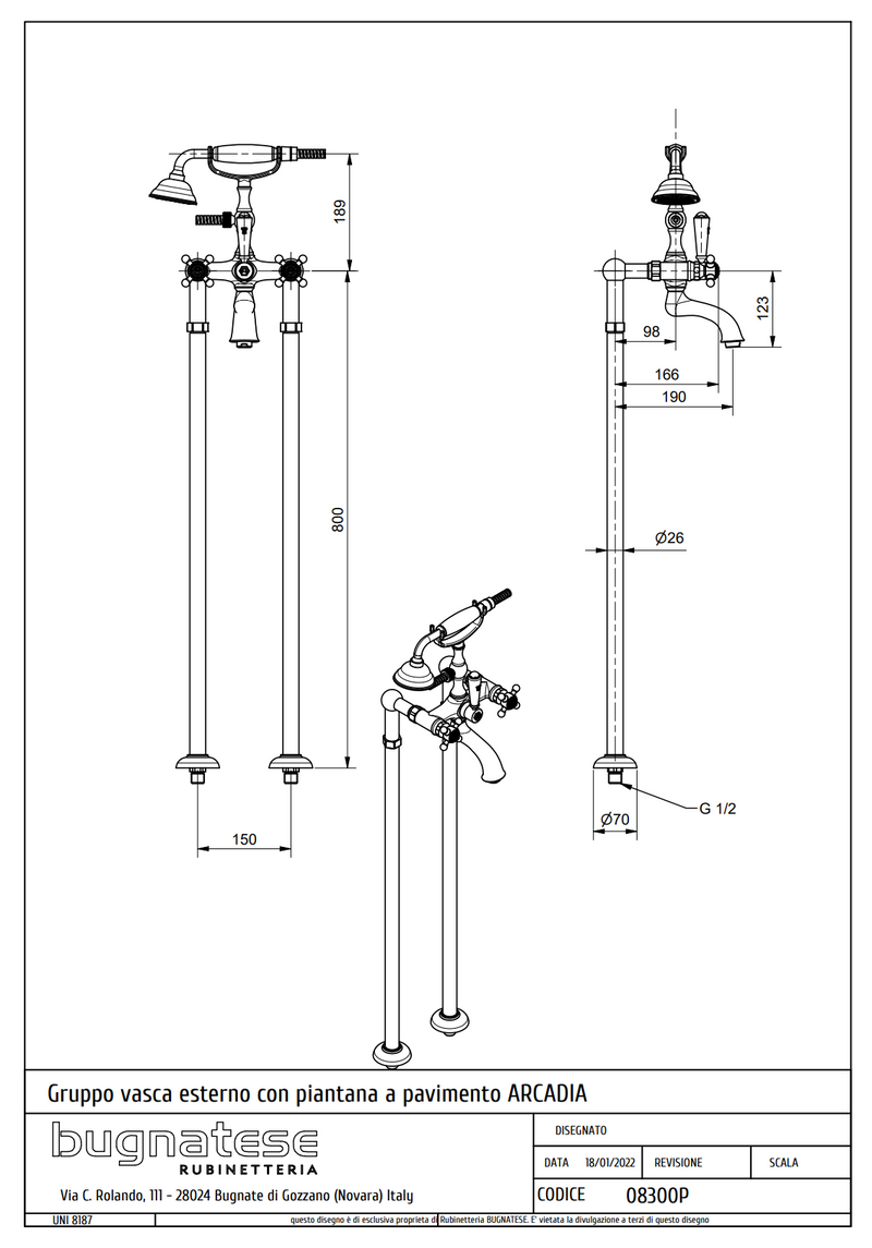 Technical Drawing for Bugnatese, Szabadonálló kádcsaptelep – Fürdő – 8300P