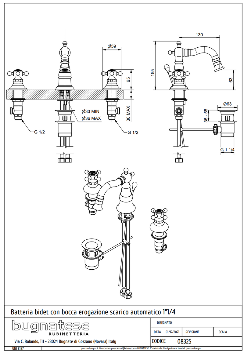 Technical Drawing for Bugnatese, Arcadia, Álló 3 üléses bidet csaptelep leeresztővel – Fürdő – 8325