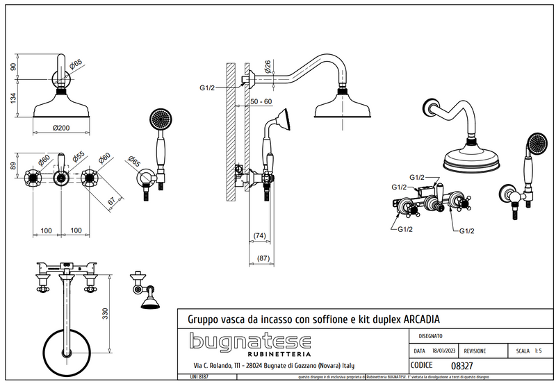 Technical Drawing for Bugnatese, Arcadia,  Fal alatti esőztető zuhanyszettel – Fürdő – 8327