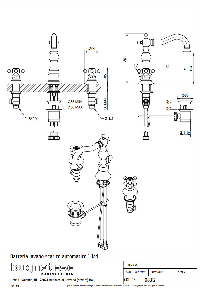Technical Drawing for Bugnatese, Arcadia, Álló 3 üléses mosdócsaptelep leeresztővel – Fürdő – 8312