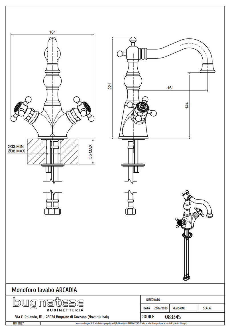 Technical Drawing for Bugnatese, Arcadia, Mosdócsaptelep klikk-klakk leeresztővel– Fürdő – 8334SC