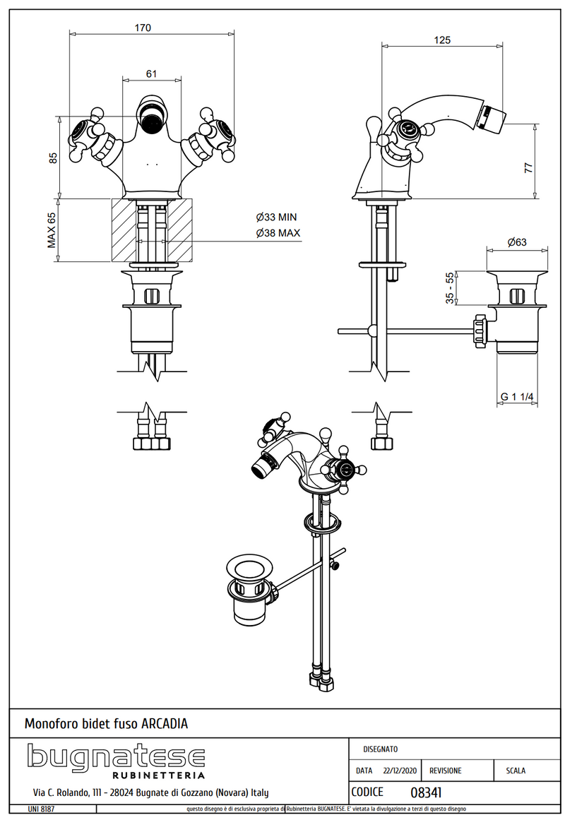 Technical Drawing for Bugnatese, Arcadia, Bidet csaptelep leeresztővel – Fürdő – 8341