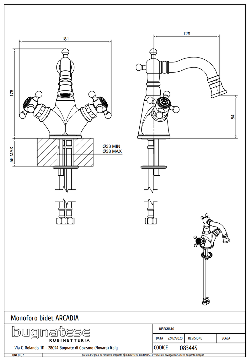 Technical Drawing for Bugnatese, Arcadia, Bidet csaptelep leeresztő nélkül – Fürdő – 8344S