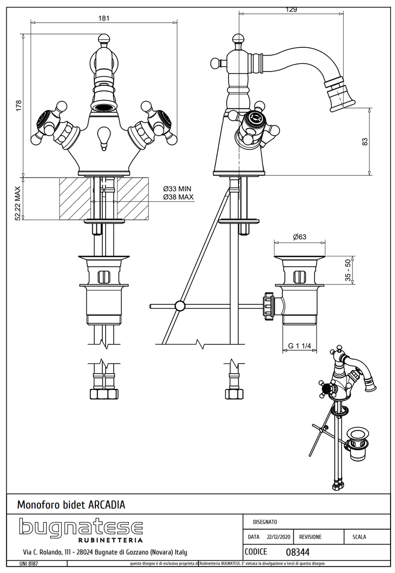 Technical Drawing for Bugnatese, Arcadia, Bidet csaptelep leeresztővel – Fürdő – 8344