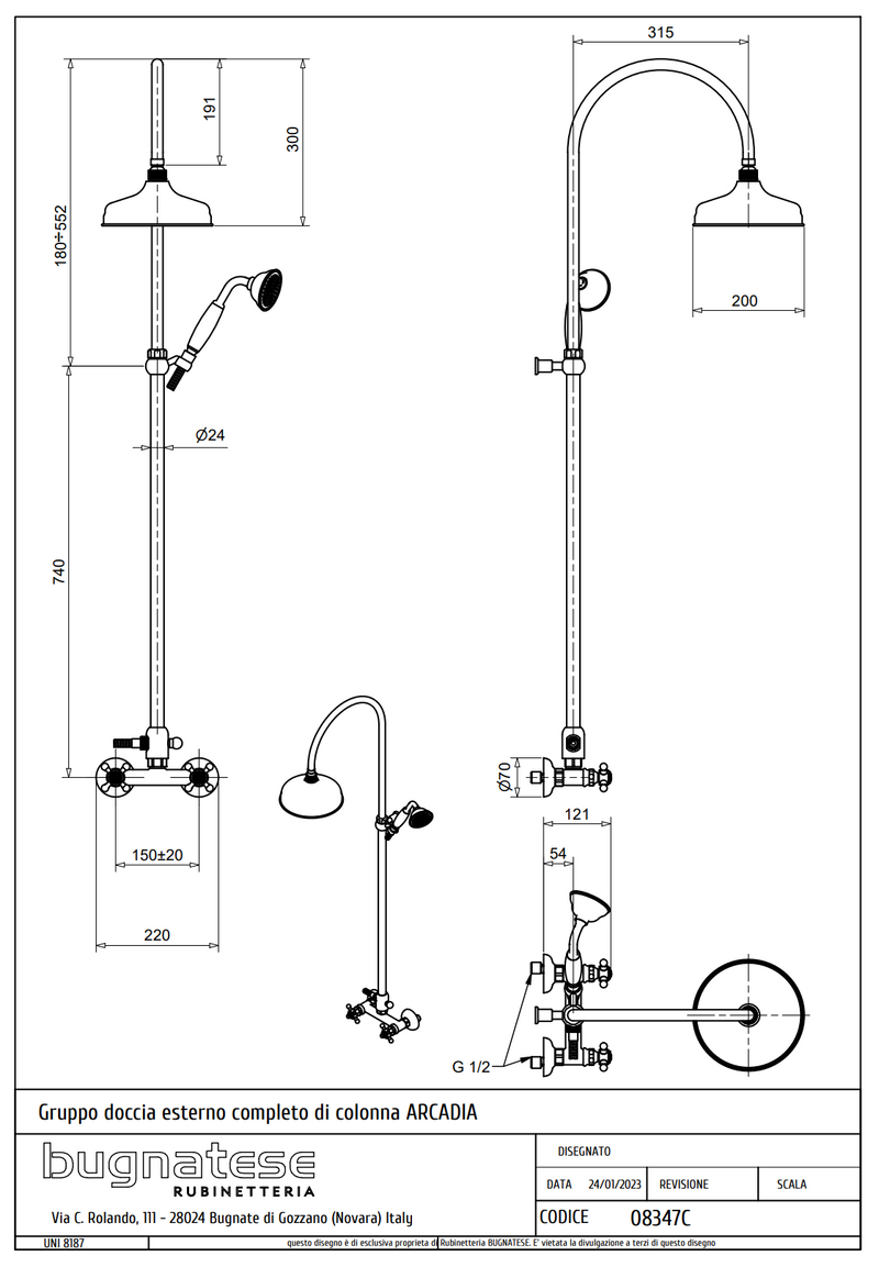 Technical Drawing for Bugnatese, Arcadia, Esőztető rendszer fej- és kézizuhannyal – Fürdő – 8347C