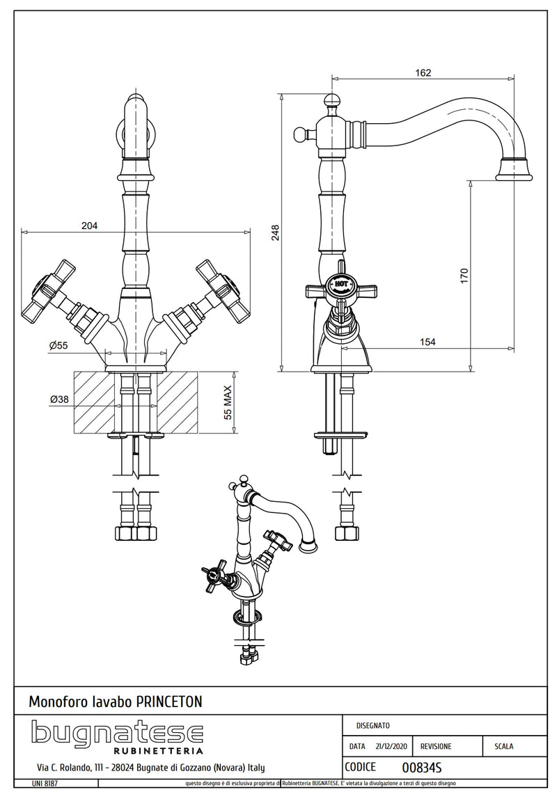 Technical Drawing for Bugnatese, Princeton, Mosdócsaptelep leeresztő nélkül –  Fürdő – 834S