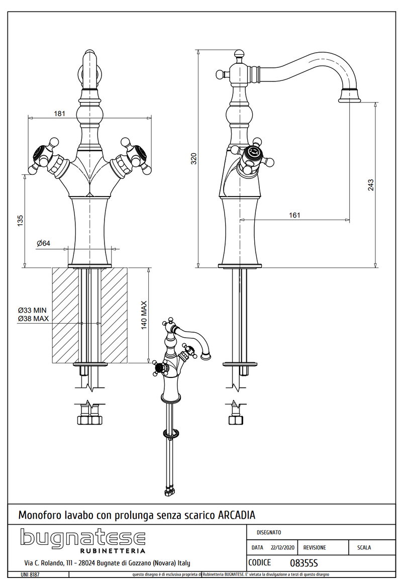 Technical Drawing for Bugnatese, Arcadia, Magasított mosdócsaptelep klikk-klakk leeresztővel – Fürdő – 8355SC