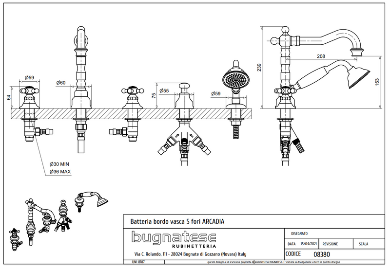 Technical Drawing for Bugnatese, Arcadia, Peremre szerelt 5 üléses kádcsaptelep – Fürdő – 8380