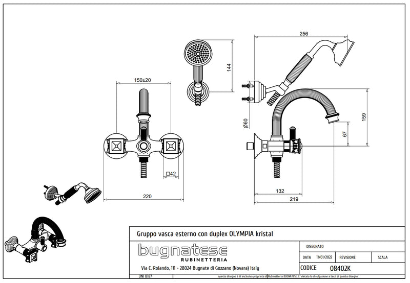 Technical Drawing for Bugnatese, Fali kádcsaptelep swarovski fogantyúval – Fürdő – 8402K