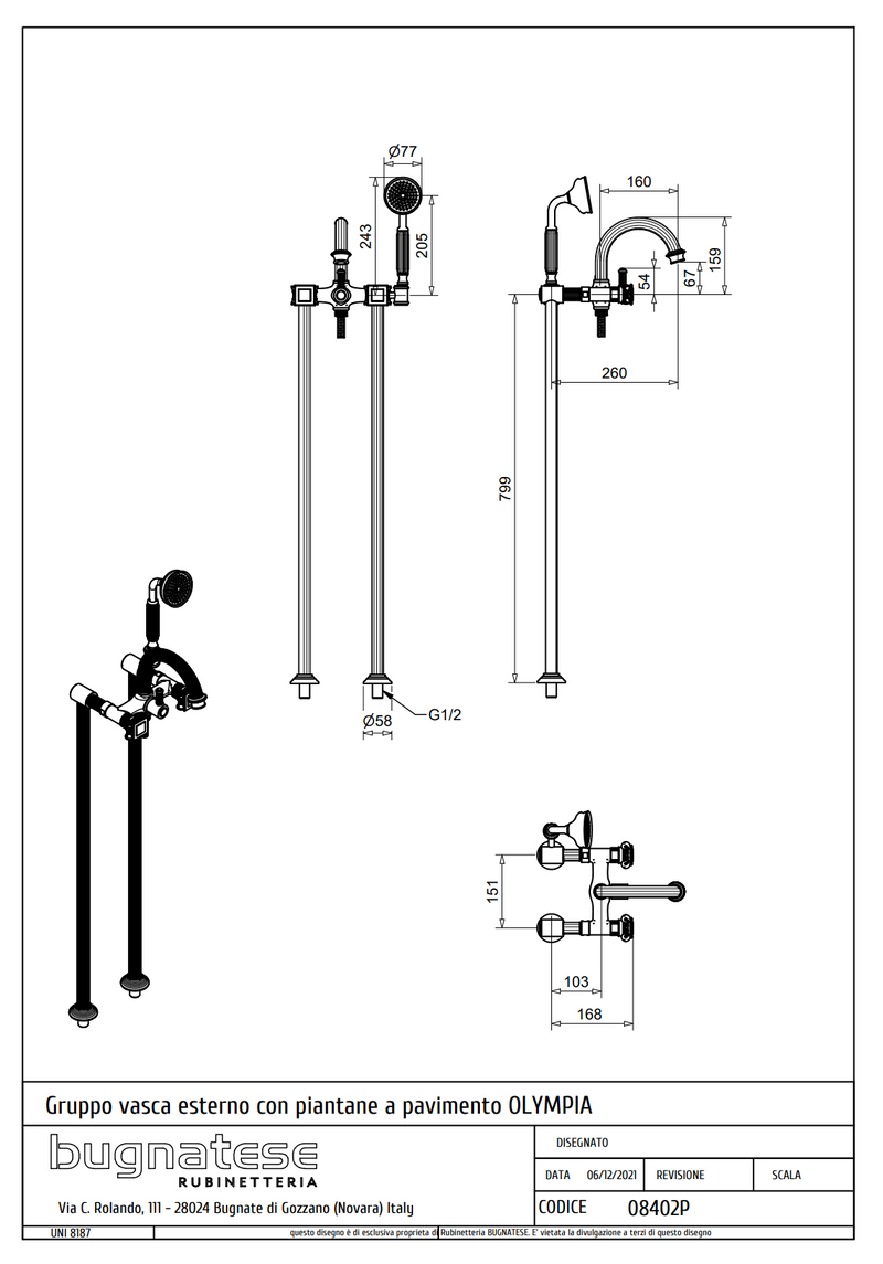Technical Drawing for Bugnatese, Szabadonálló kádcsaptelep – Fürdő – 8402P