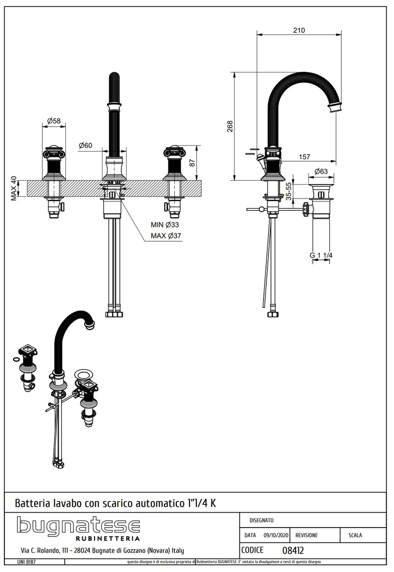 Technical Drawing for Bugnatese, Olympia, Álló 3 üléses mosdócsaptelep, kritálykarral – Fürdő – 8412K