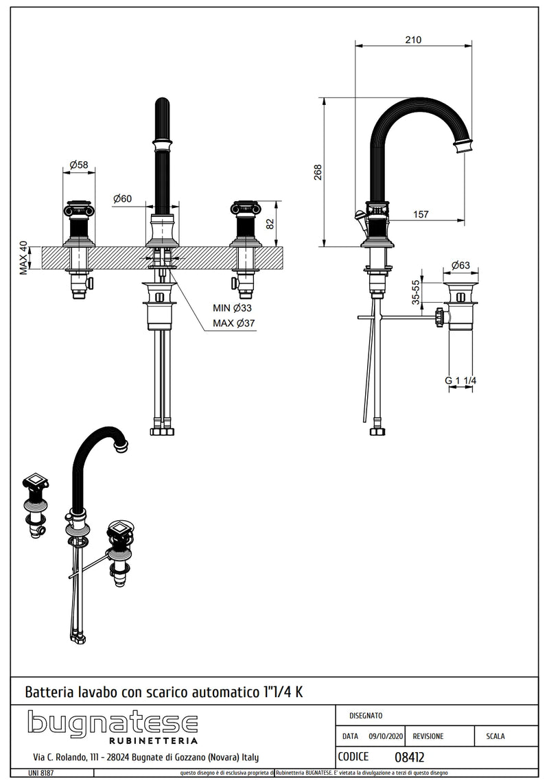 Technical Drawing for Bugnatese, Olympia,  Álló 3 üléses mosdócsaptelep – Fürdő – 8412