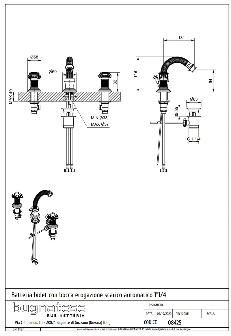 Technical Drawing for Bugnatese, Olympia,  Álló 3 üléses bidet csaptelep, kristálykarral – Fürdő – 8425K