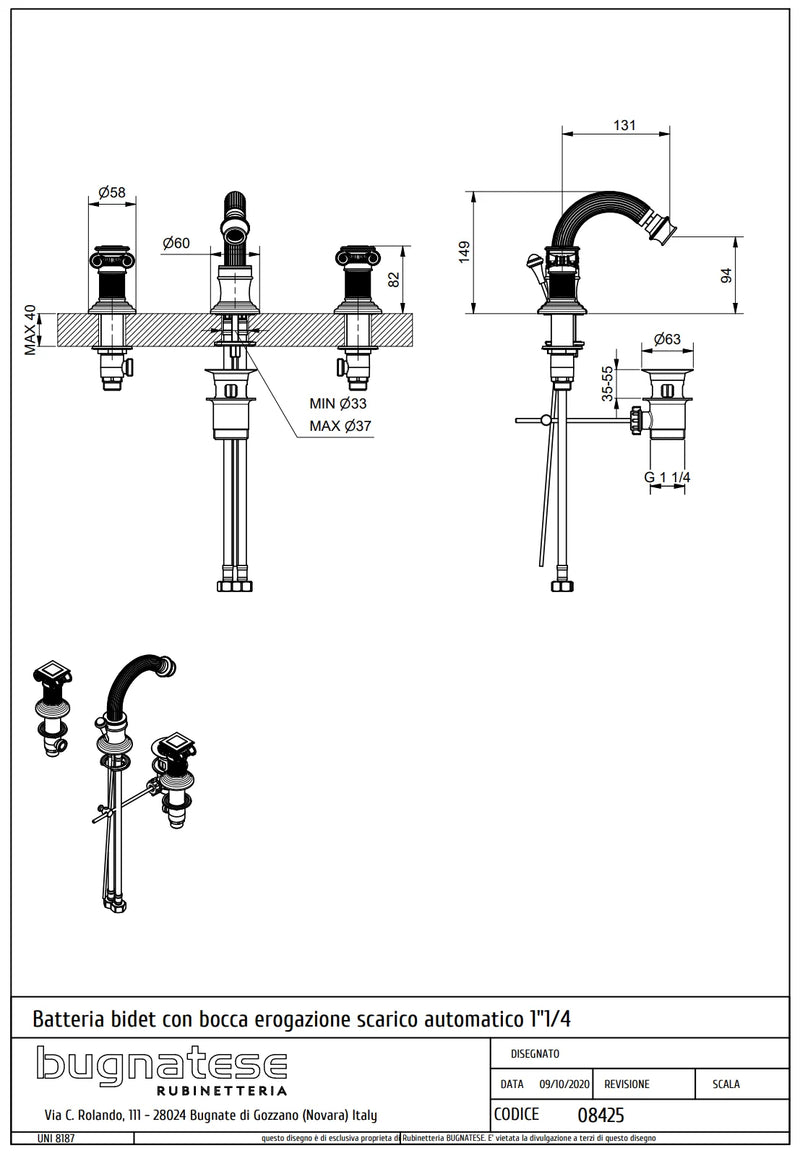 Technical Drawing for Bugnatese, Olympia, Álló 3 üléses bidet csaptelep – Fürdő – 8425