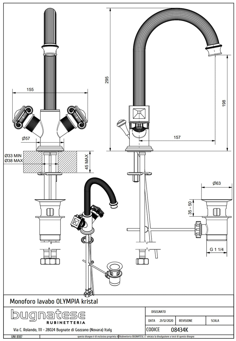 Technical Drawing for Bugnatese, Olympia, Mosdócsaptelep leeresztővel, kristálykarral – Fürdő – 8434K