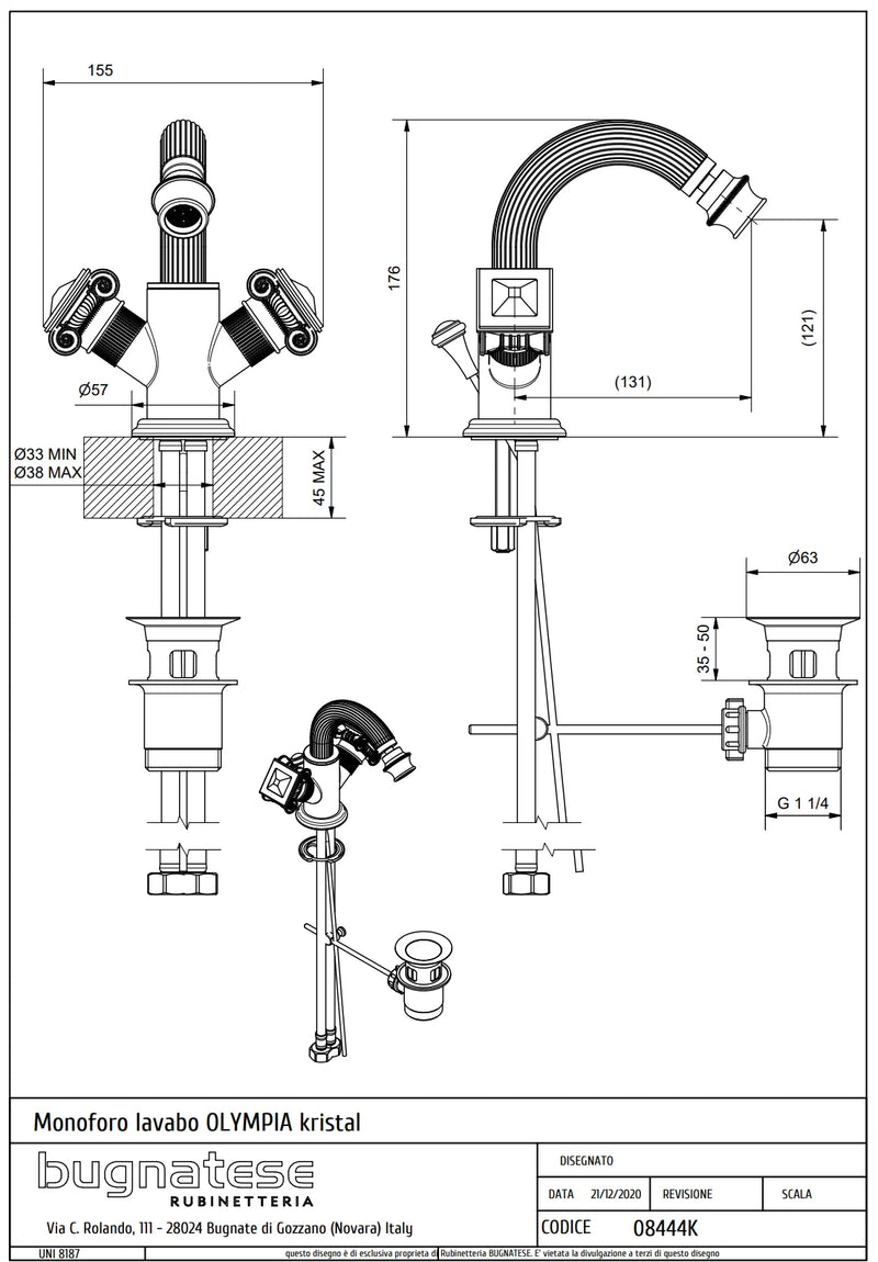 Technical Drawing for Bugnatese, Olympia,  Bidé csaptelep leeresztővel, kristálykarral – Fürdő – 8444K