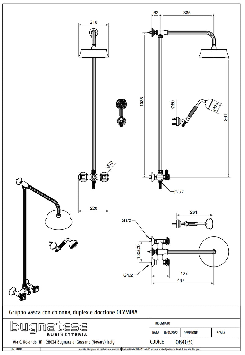 Technical Drawing for Bugnatese, Olympia, Esőztető rendszer fix magasságú fej- és kézizuhannyal – Fürdő – 8403C